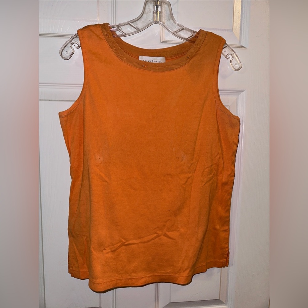 Susan Bristol Tank Top Women M Orange  100% Cotton Neck Embellished